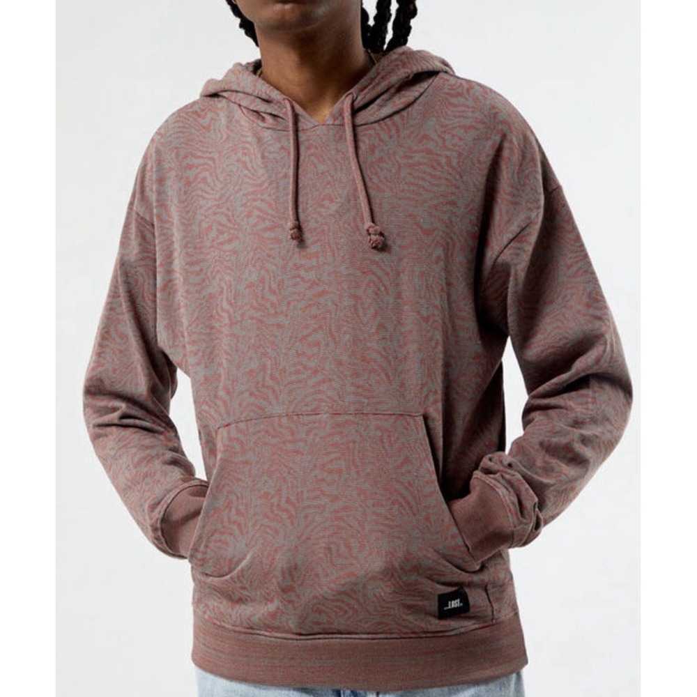 Lost Men's L Red/Gray Abstract Pullover Hoodie Logo Knit 100% Cotton Pockets